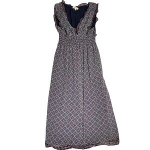 Max Studio Maxi Dress Boho Ruffle Smocked Waist Floral Print Sleeveless S
